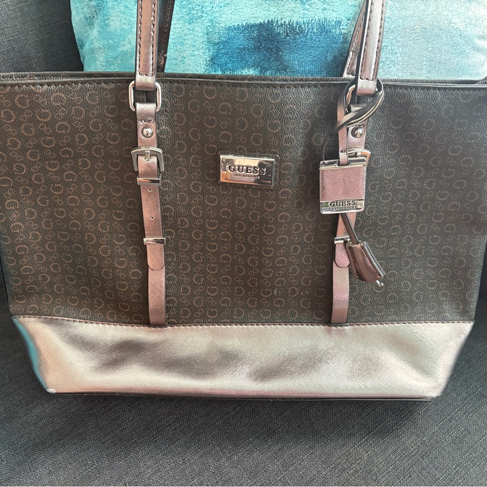 Guess Brown and Silver Tote Bag